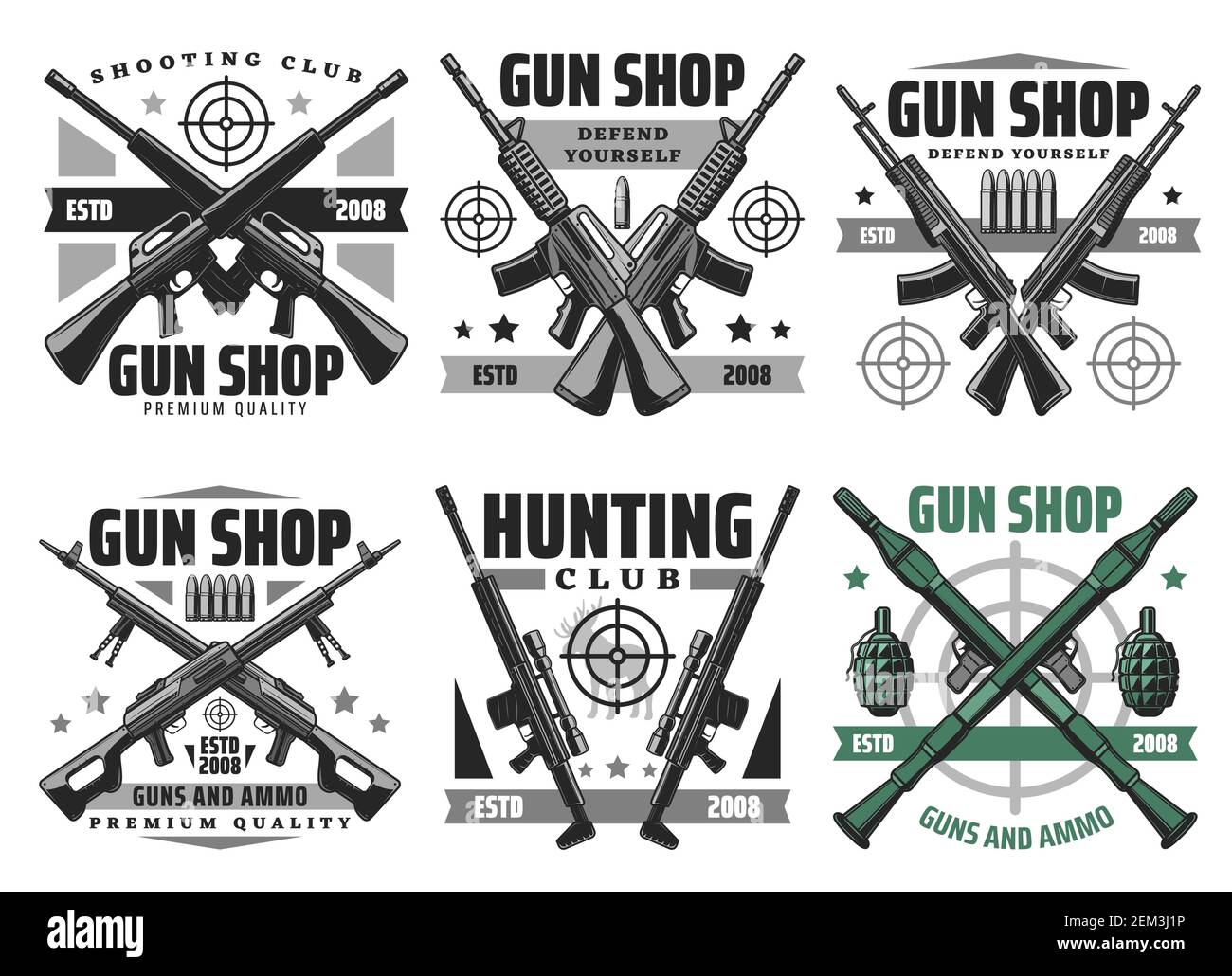 Waffenladen und Jagd Munition, Ausrüstung speichern Vektor-Symbole. Militärische Munition, Gewehre und Schrotflinten, Revolver, Ziele und Ziele. Selbstschutz und de Stock Vektor