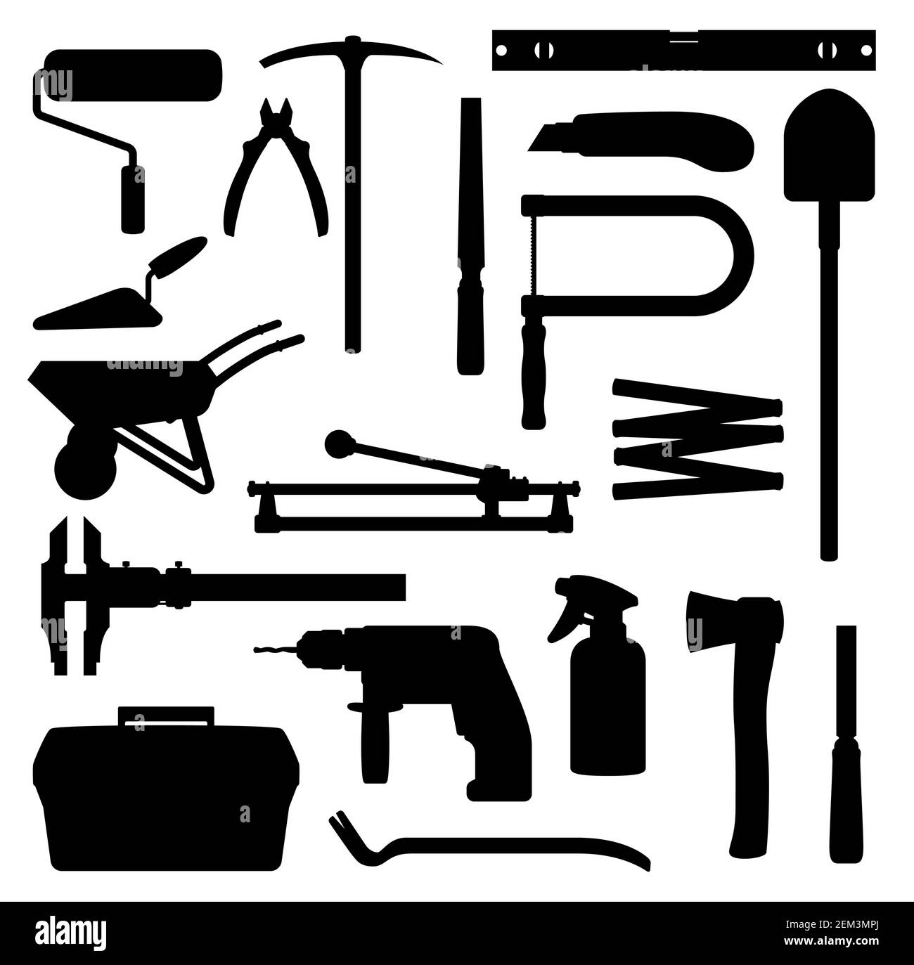 Arbeitswerkzeuge, Hausreparatur, Renovierung und Umbau handliche Werke Ausrüstung Silhouette Symbole. Vektor Holzarbeiten Zimmerei und Bauwerkzeuge, Hammer, d Stock Vektor