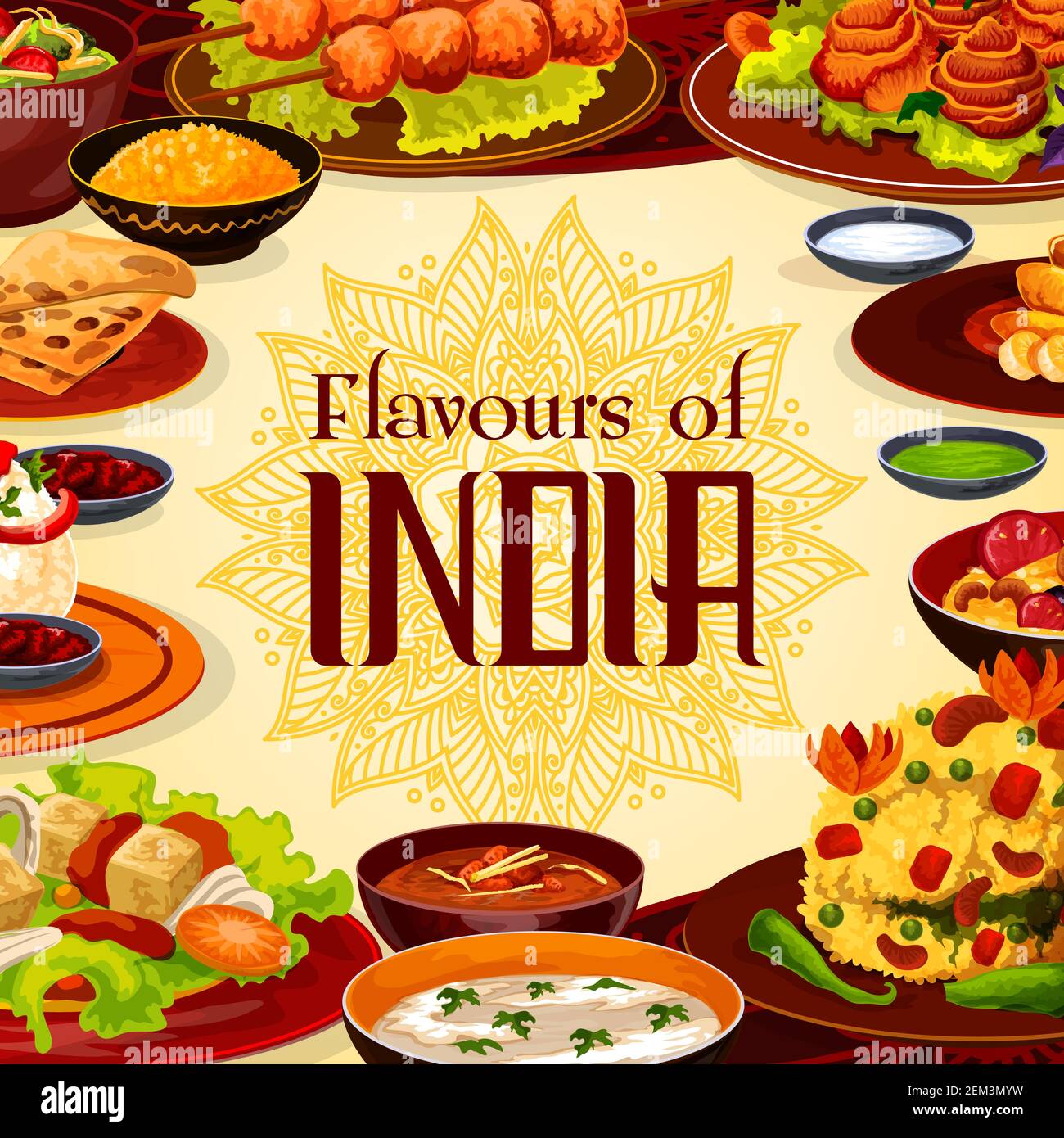Indisches Restaurant-Menü, authentische traditionelle indische Küche. Vector Indian Café-Menü, Frühstück, Abendessen und Mittagessen, Curry Gemüse in masa Stock Vektor