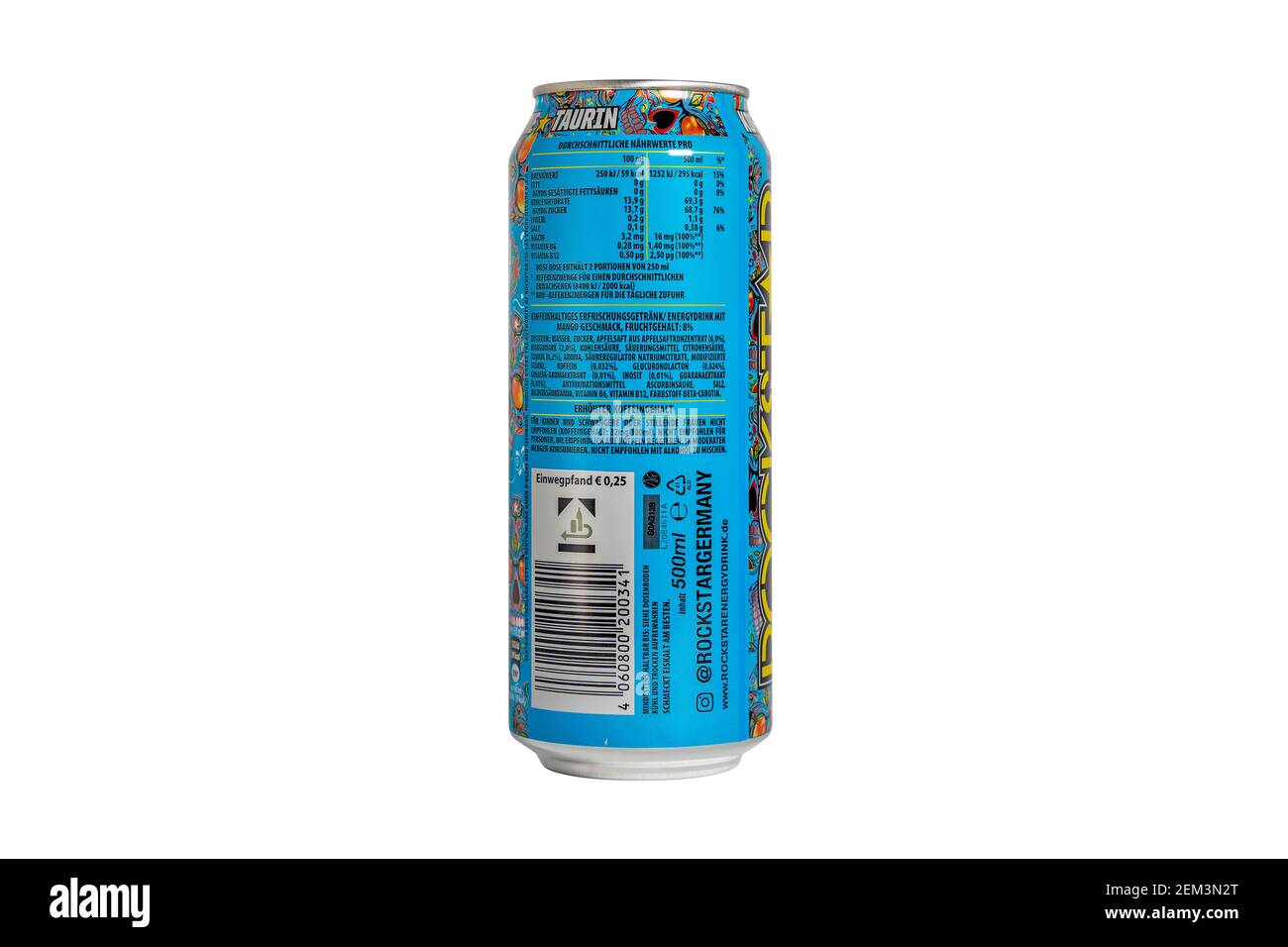 Blue Rockstar Energy Drink Dose mit El Mango Saftgeschmack Geschmack auf sauberen weißen Hintergrund isoliert Stockfoto