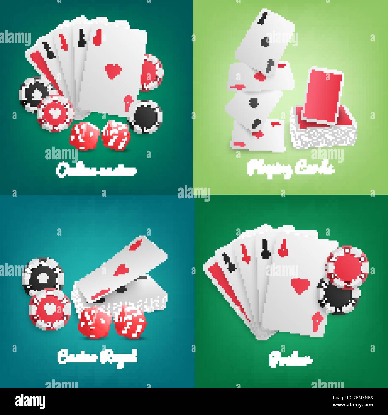 Casino online 4 realistische grüne Hintergrund-Symbole mit Deck spielen Karten Poker Chips Würfel isoliert Vektor-Illustration Stock Vektor