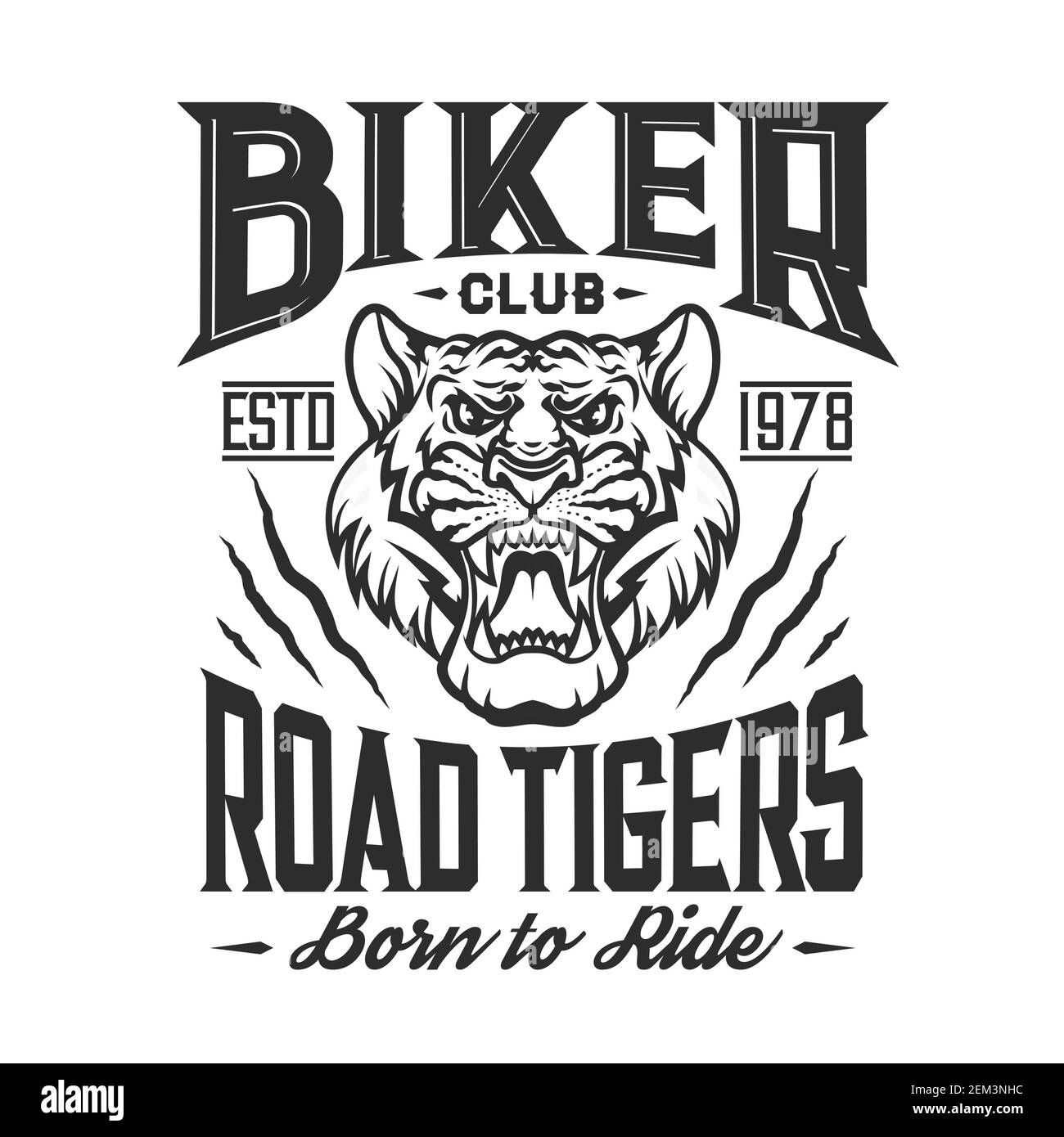 Biker Club Emblem, Tiger Klaue gerissen Symbol, benutzerdefinierte Motorrad-Rennfahrer und Motorrad-Rennen. Vector Toad Tigers Club Grunge T-Shirt-Print, Chopper Motorbi Stock Vektor