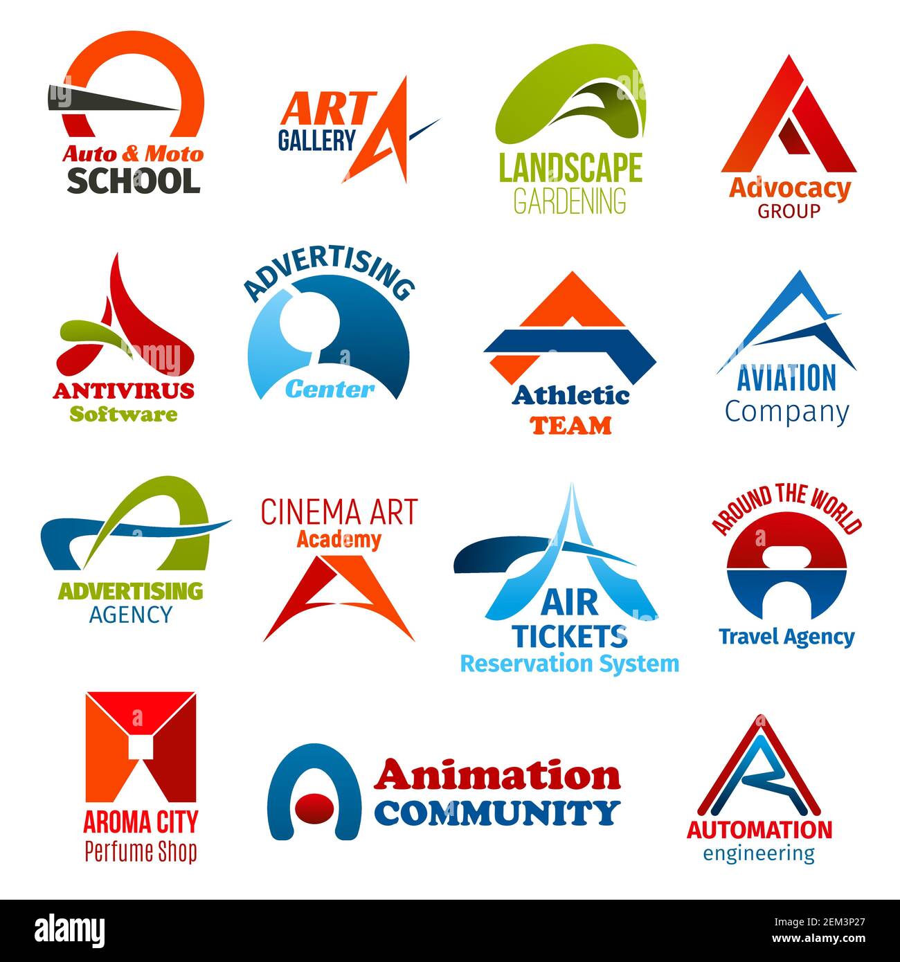 Corporate Identity Letter EIN Business-Symbole. Vector Fahren und Kunst, Landschaftsbau, Rechtswissenschaften und Software, Werbung, Sport und Transport, Kino, Stock Vektor