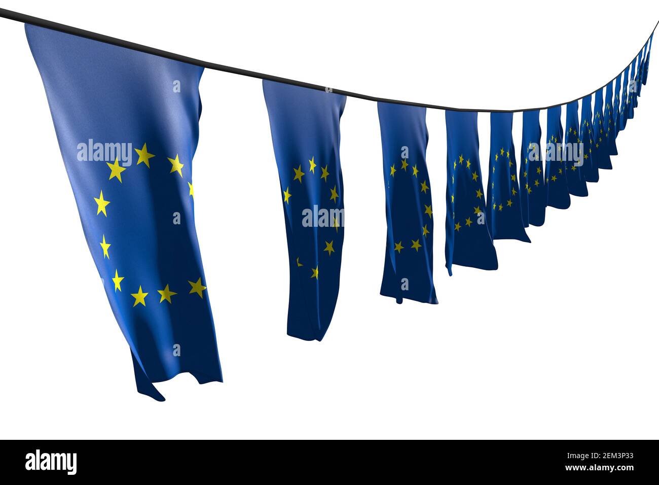 Ziemlich Tag der Arbeit Flagge 3D Illustration - viele Europäische Union Flaggen oder Banner, die diagonal hängen, mit perspektivischer Ansicht am Seil Isoliert auf Weiß Stockfoto