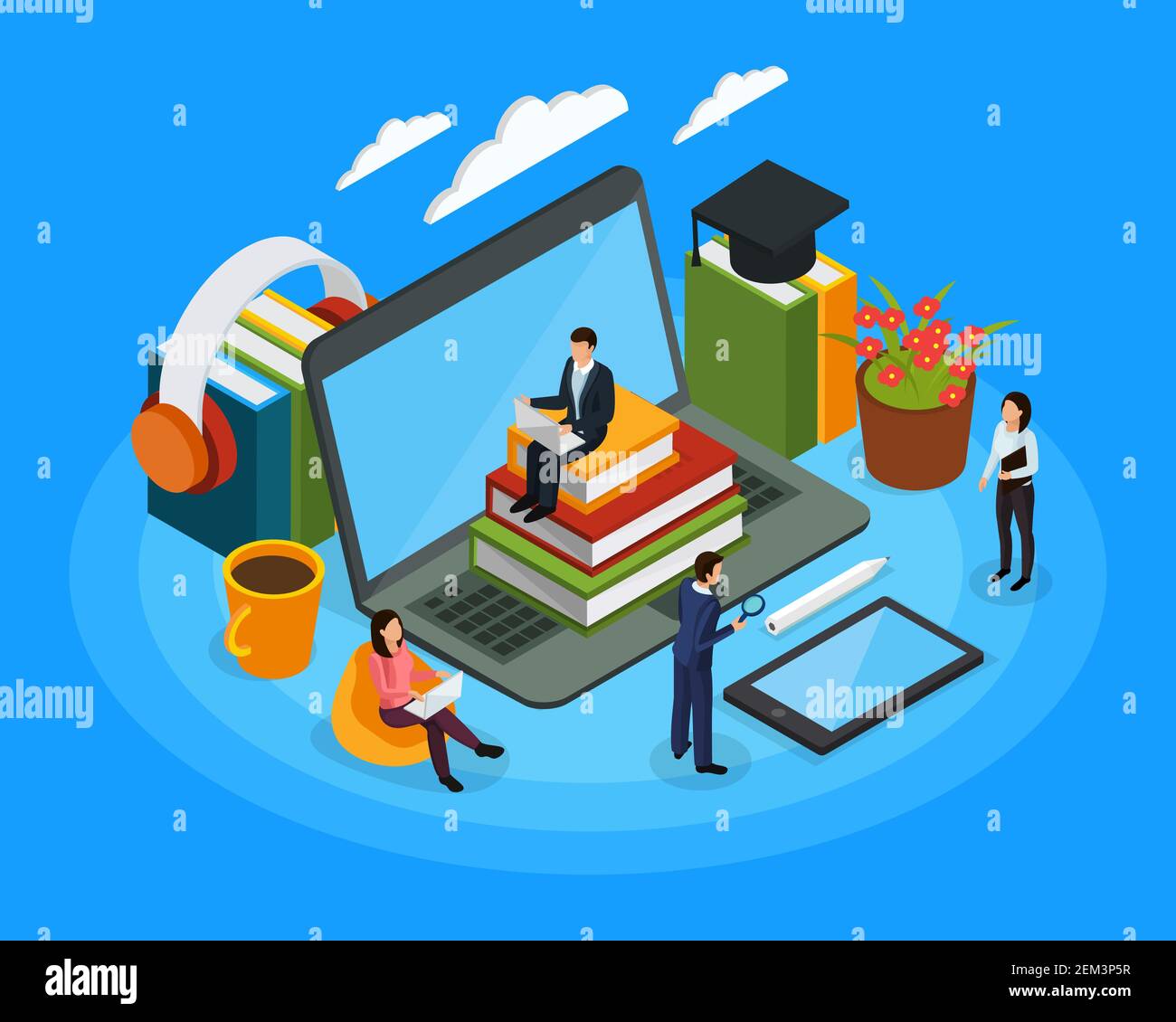 E-Learning isometrische Komposition mit Hörbüchern, menschliche Charaktere mit mobilen Geräten auf blauem Hintergrund Vektor-Illustration Stock Vektor