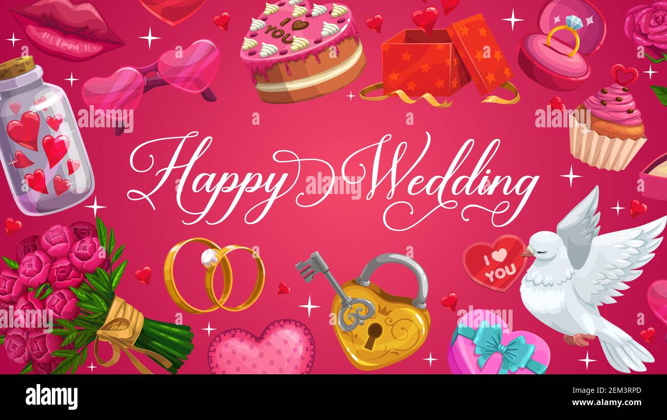Hochzeit, Save the Date Gruß, Liebe Herzen und Blumen. Vektor Happy Wedding Day Kalligraphie, Hochzeit Zeremonie goldenen Ring mit Diamant, Taube mit Stock Vektor