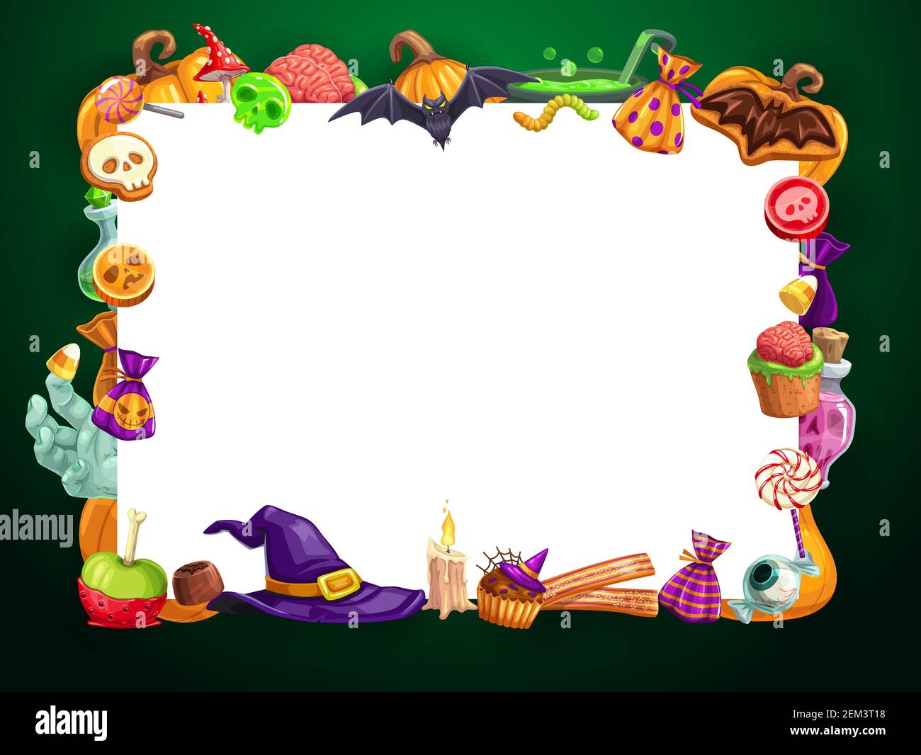 Halloween behandelt Rahmen von Süßigkeiten und Süßigkeiten. Vektor Hexenhut  und Cupcakes mit Spinne und Netz, Gelees, Lutscher und menschliches Gehirn.  Süßer Wurm, Fledermaus A Stock-Vektorgrafik - Alamy