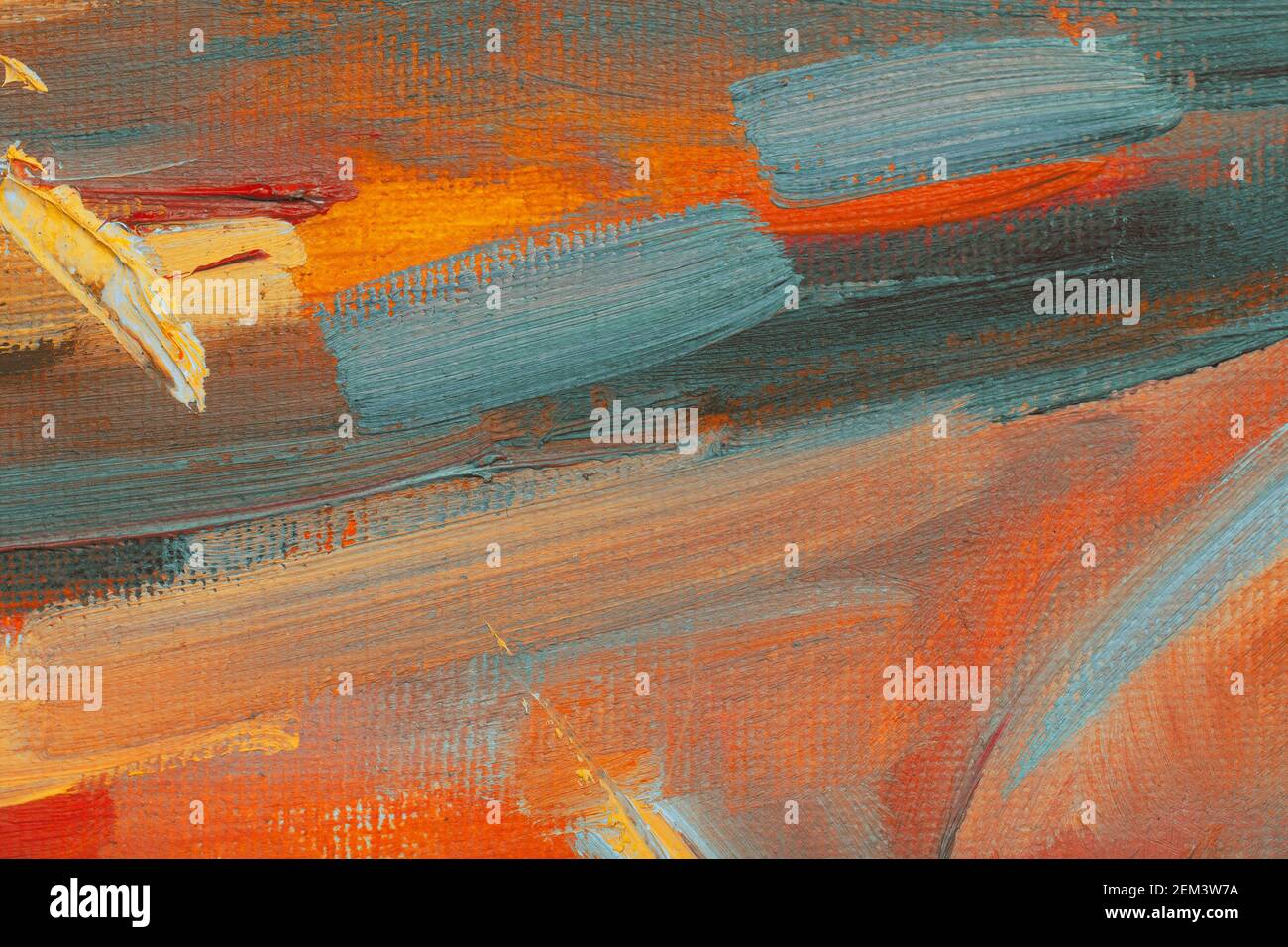 Die Textur der Leinwand, mit Ölfarben beschichtet. Trendige Farben, Kopierbereich. Das Konzept einer kreativen Atmosphäre, künstlerische Veranstaltungen, Bildung, etc. Stockfoto