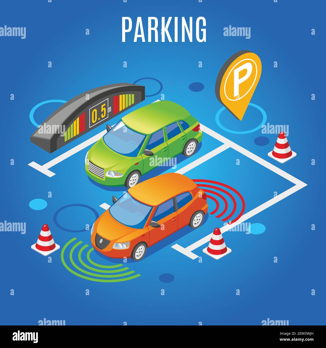 Isometrische Parkplatz farbigen Hintergrund mit großen weißen Schlagzeile parktronik Element Und das Auto ist geparkt Vektorgrafik Stock Vektor