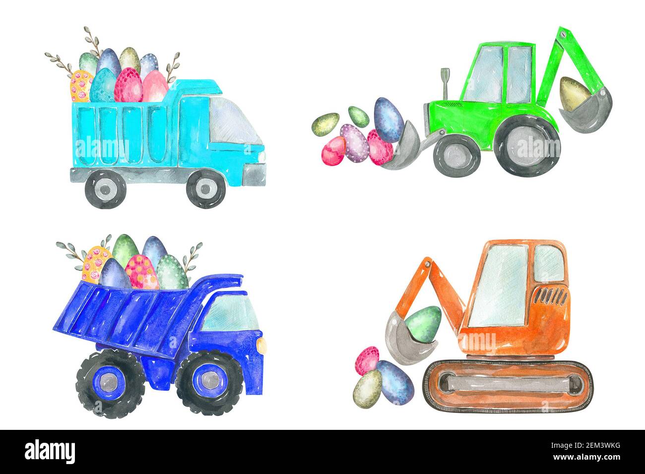 Frohe Ostern Eier LKW Cliparts der Junge ist ein Eierjäger. Muldenkipper, Bagger, Traktor, Bulldozer Baumaschinen Stockfoto