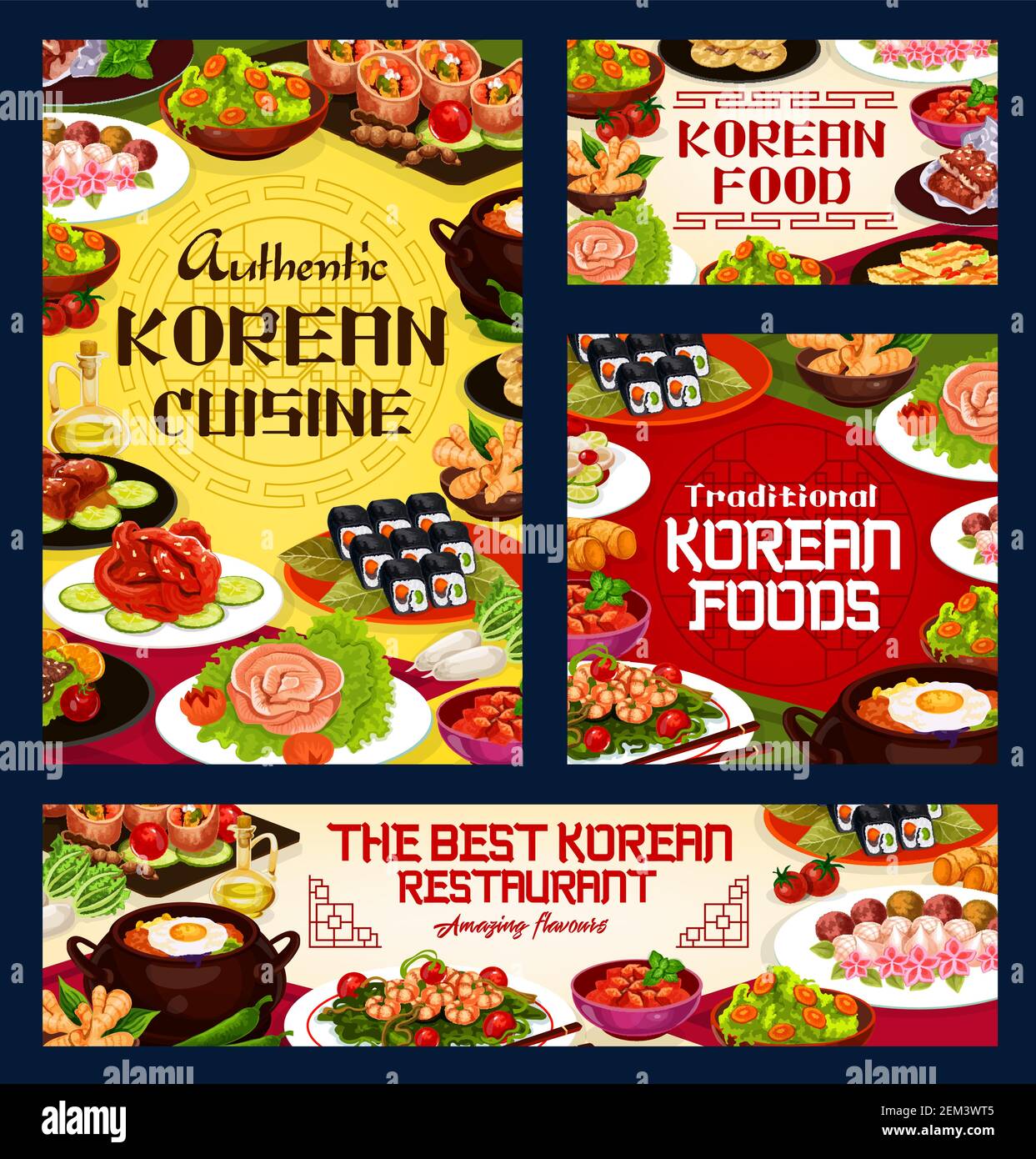 Koreanisches Restaurant Menü, asiatische traditionelle Küche Gerichte Rezepte. Vector koreanischen authentischen Fleisch und Reis Lebensmittel, Ramen, Soba oder udon Nudeln, Knödel und Stock Vektor