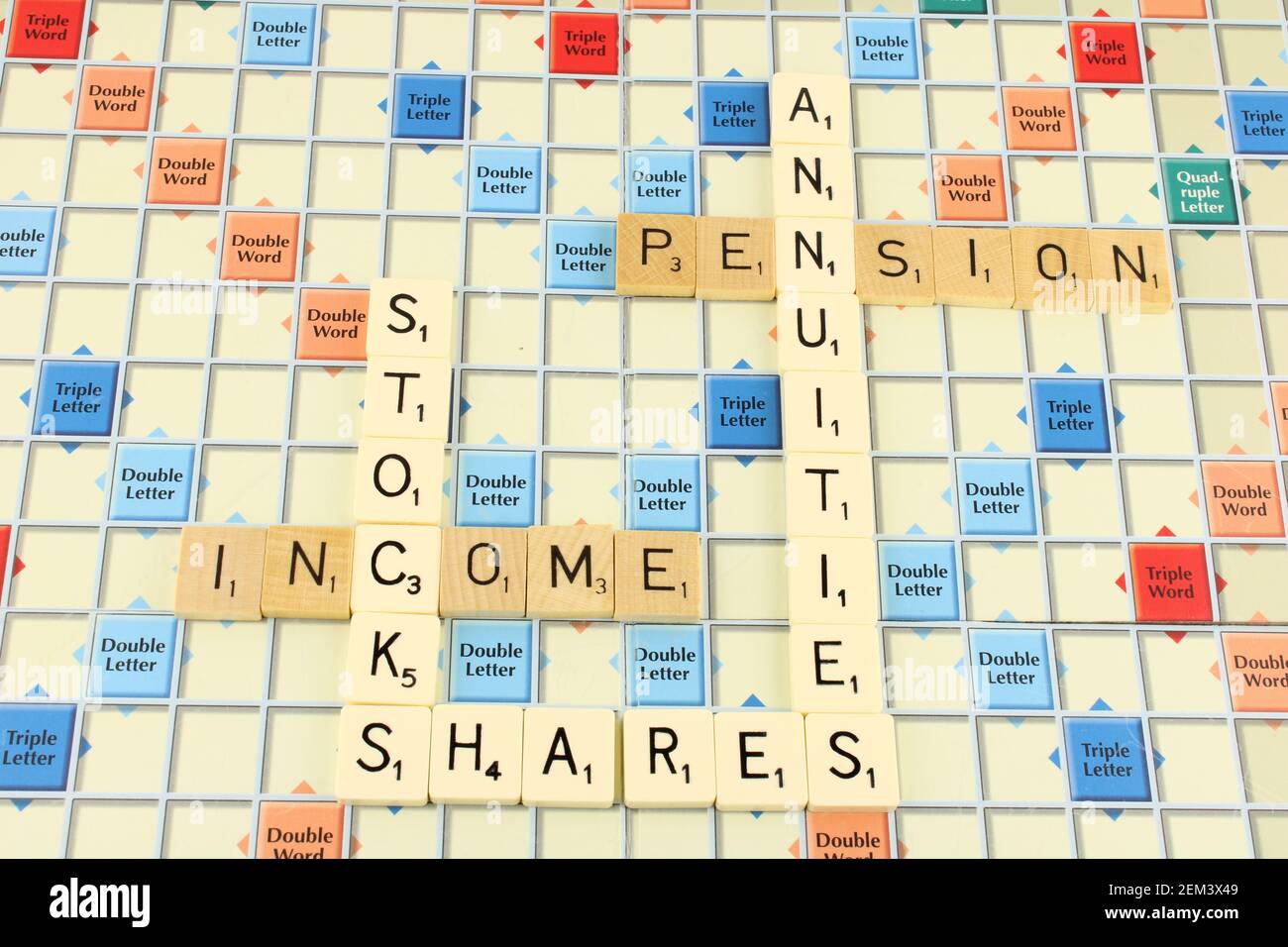 Aktien und Renten, Ausdruck auf einem Scrabble Board mit Aktien Aktien Renten in weiß für die Betonung Stockfoto