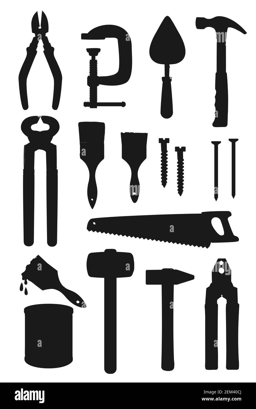 Reparatur Werkzeug Silhouetten, Bau-und Gebäude Vektor-Design. Hämmer, Säge und Schraubendreher, Werkzeugkiste, Schreinerschrauben, Bürsten und p Stock Vektor