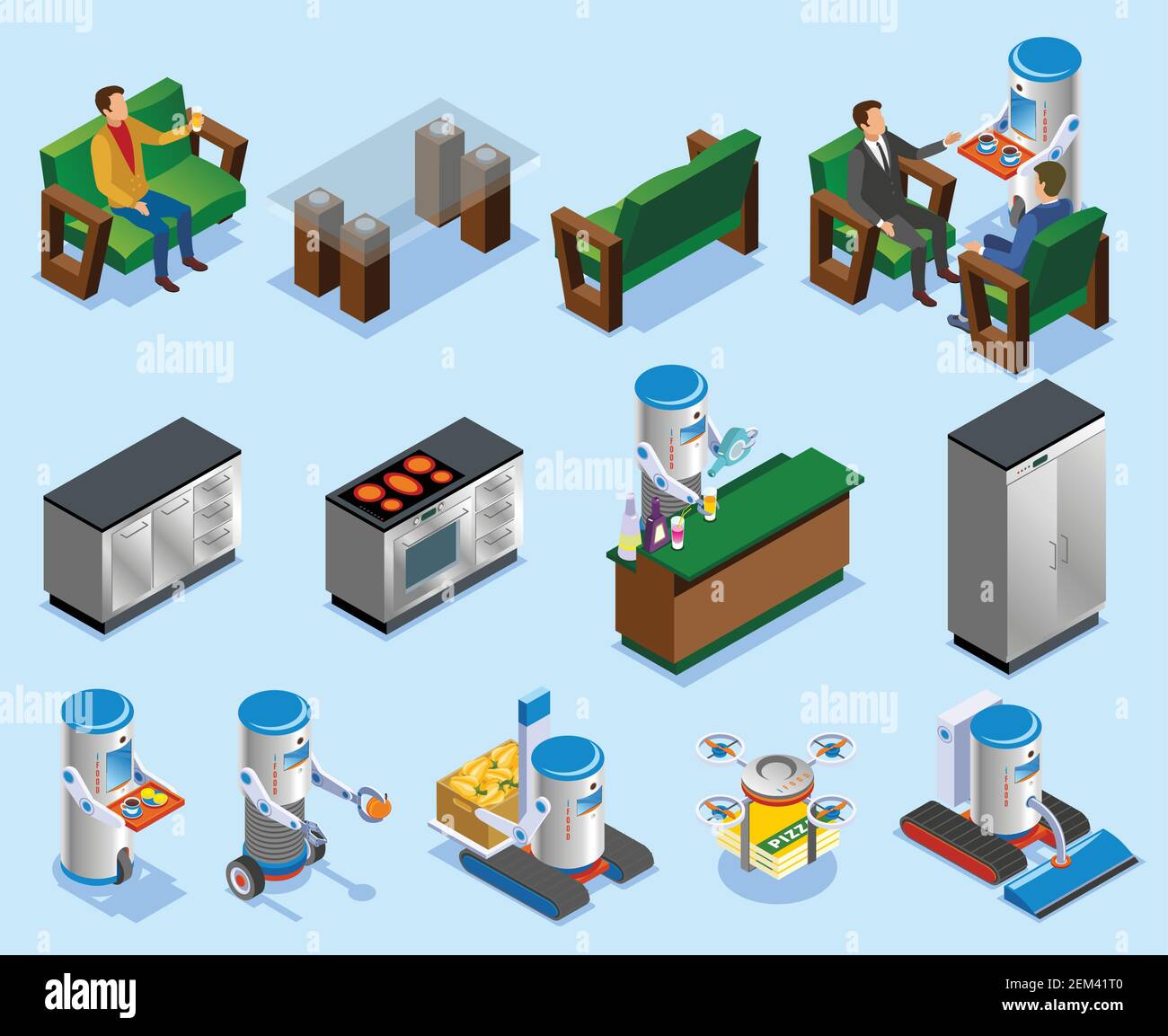 Isometrische Roboter Restaurant Industrie Zusammensetzung mit verschiedenen Elementen von Robotern Und Küchen Vektorgrafik Stock Vektor