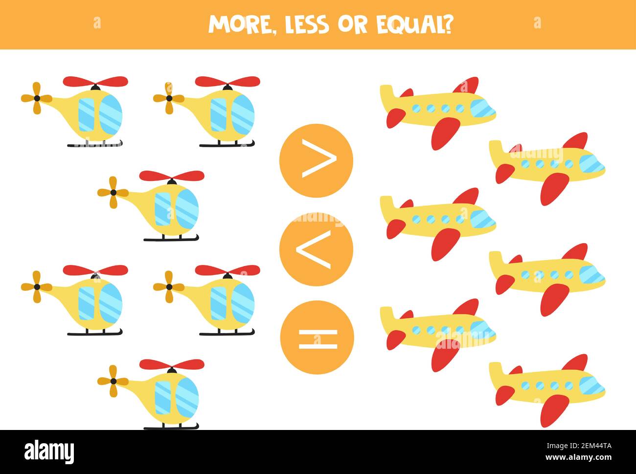 Mehr, weniger, gleich mit Cartoon-Flugzeug und Hubschrauber. Mathe-Spiel. Stock Vektor
