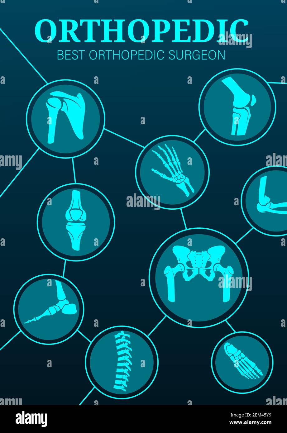 Orthopädische Chirurgie und Hämatologie Klinik, Vektor-Poster. Orthopädie Chirurg Medizin, Gelenk- und Knochenbehandlungstechnik, medizinisches Zentrum Röntgen für Stock Vektor
