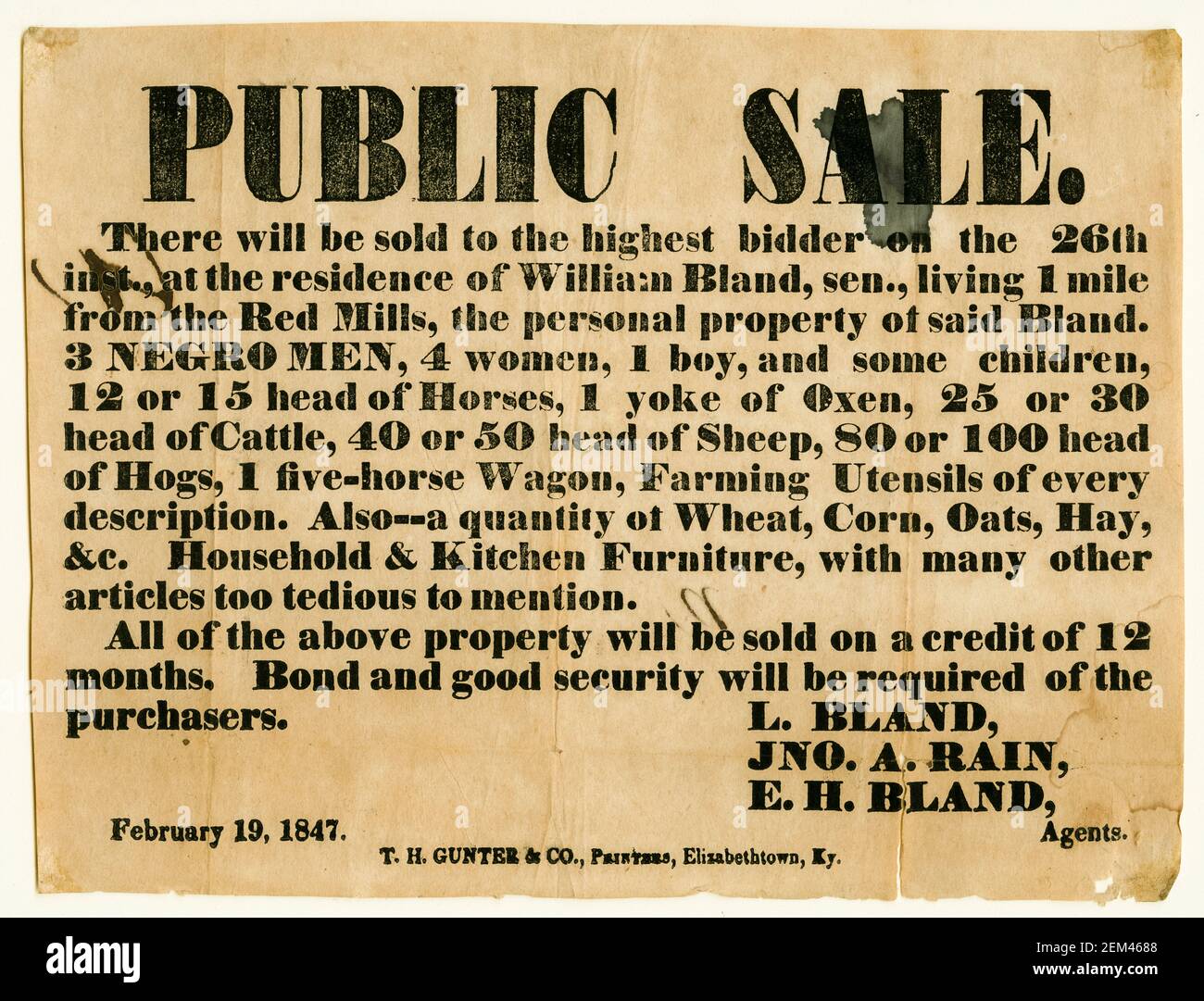 US Slave Trade: Plakat, das den Verkauf von versklavten Personen und anderem Eigentum von William Bland, Kentucky USA, 1847, anwirbt Stockfoto