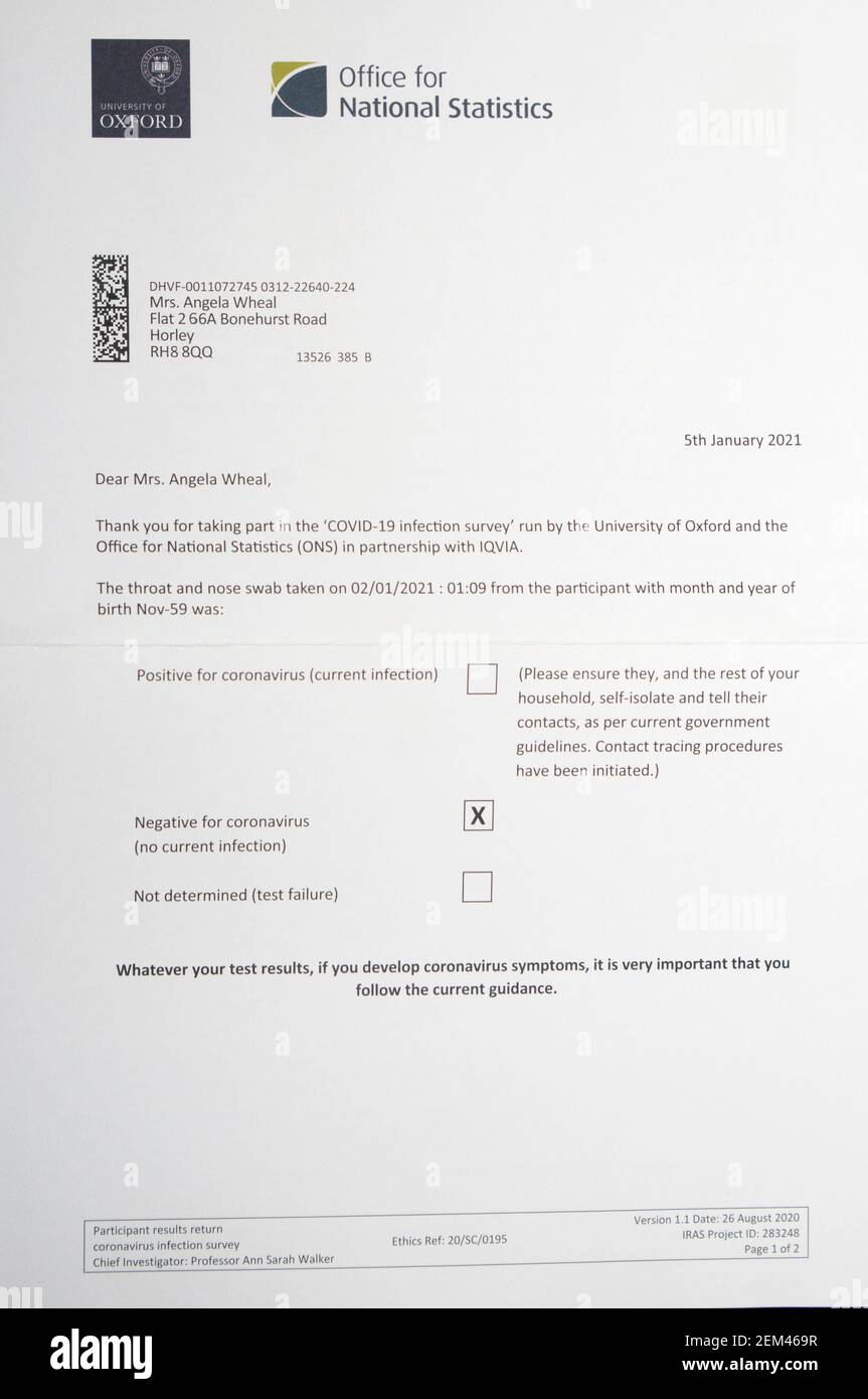 Amt für Nationale Statistik ONS Letter Negative Test für Covid19 Coronavirus, Stockfoto