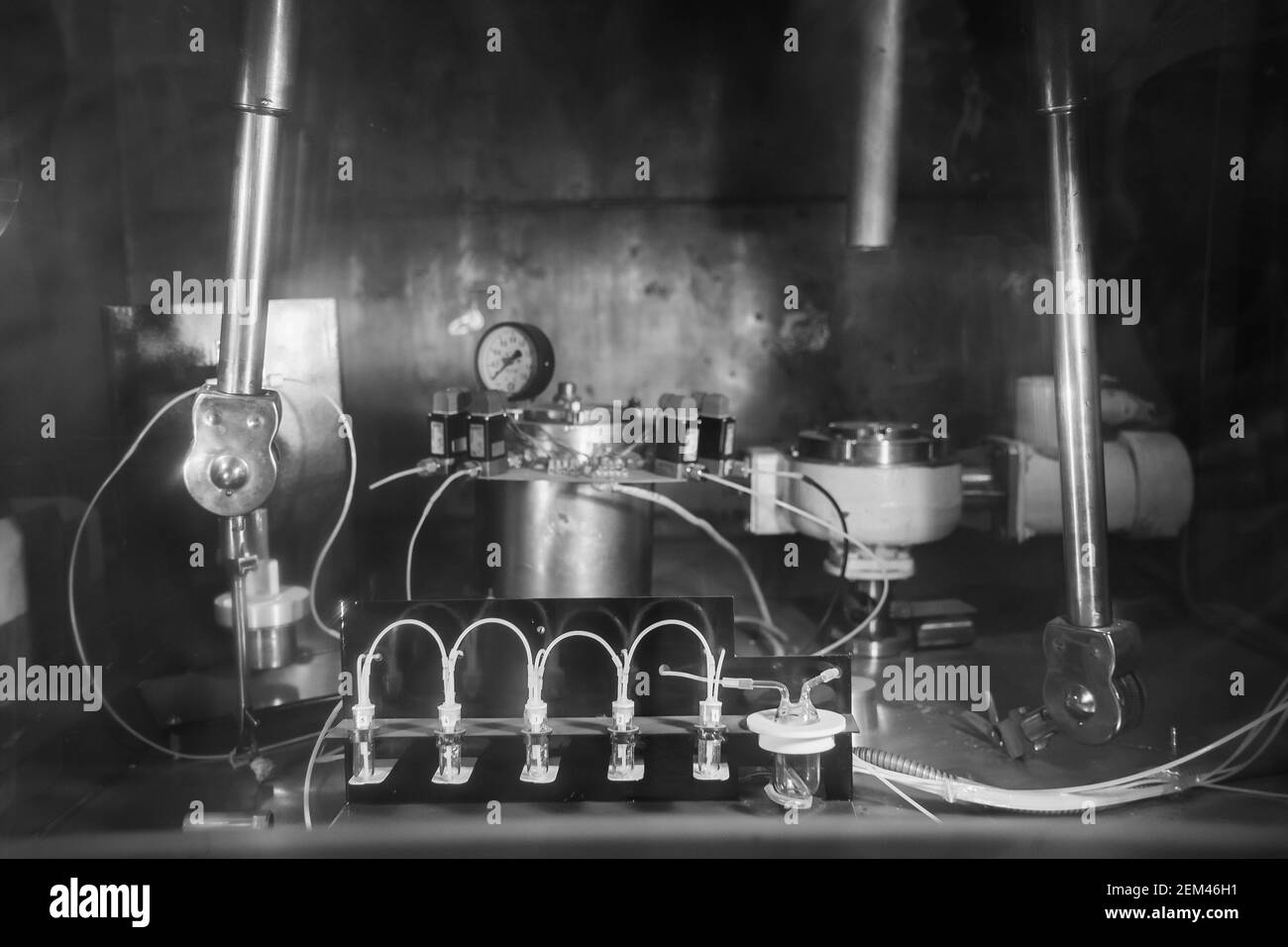 Pharmazeutische Produktionslinie. Impfstoff aus Epidemie, Krebs, Krankheitsvirus. Stockfoto