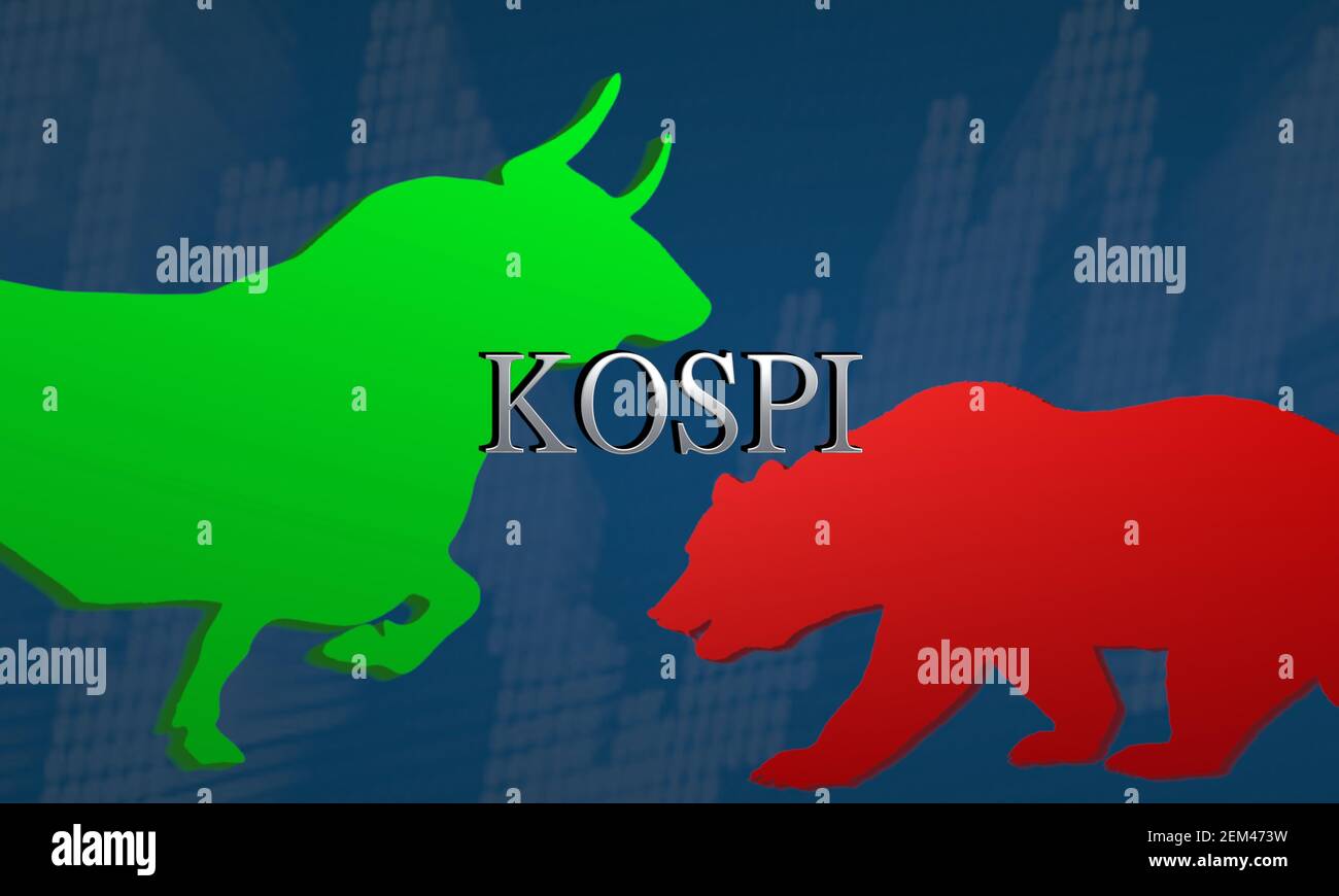 Der Korea Composite Stock Price Index oder KOSPI ist volatil und weist eine fehlende Richtung auf. Abbildung zeigt eine Pattsituation zwischen einem grünen Bullen und einem... Stockfoto