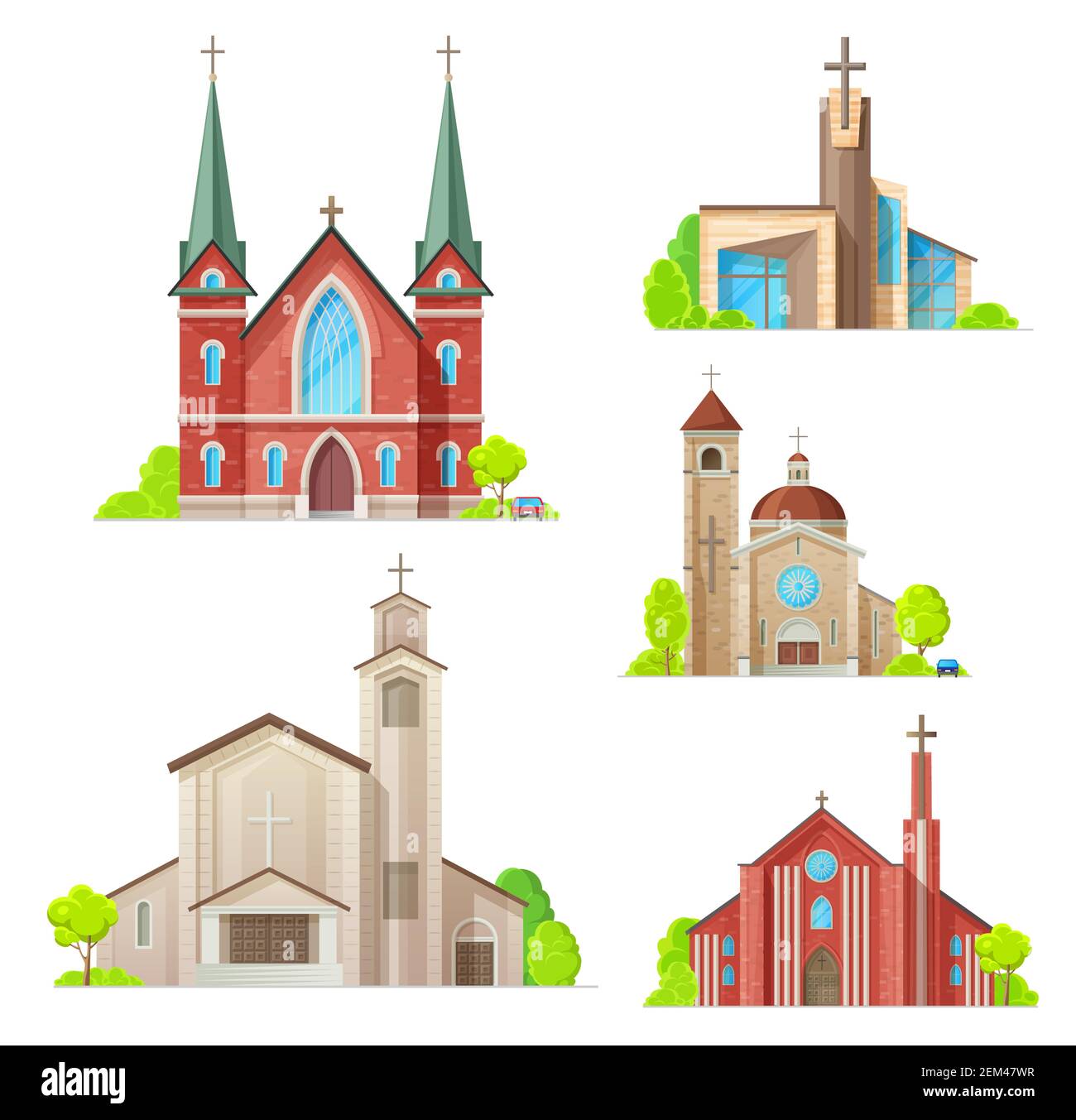 Kirchengebäude, Kathedrale, Kapellen und Klosterfassaden Ikonen. Vector isolierte mittelalterliche Kathedrale und moderne Kirche, christlich orthodox, katholisch Stock Vektor