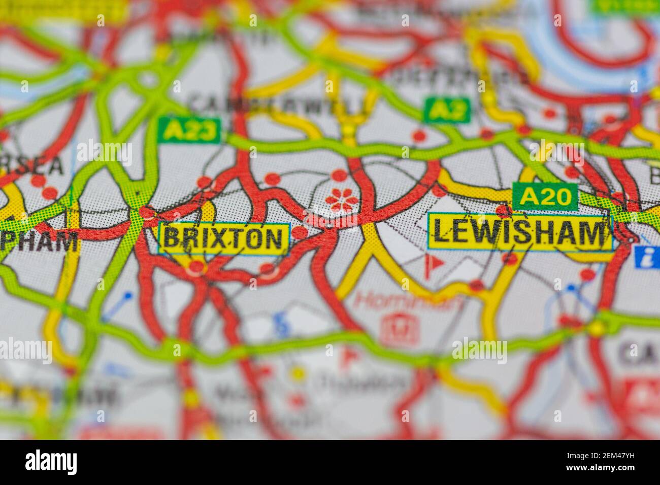 Lewisham und Brixton auf einer Straßenkarte oder Geographie angezeigt Karte Stockfoto