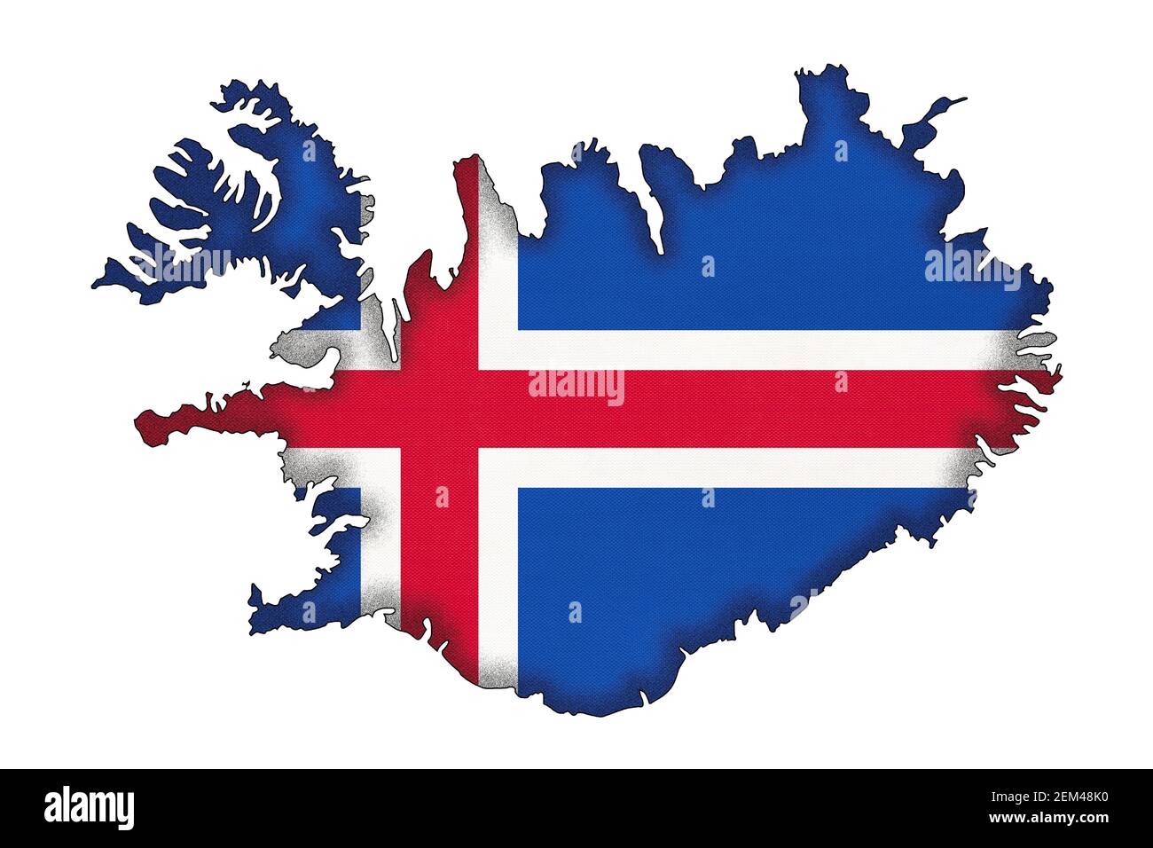Island Grenze Silhouette mit Nationalflagge isoliert auf weißem Hintergrund mit Kopierraum. Kontur des europäischen Weltlandes auf der Geographie-Karte. Island Stockfoto