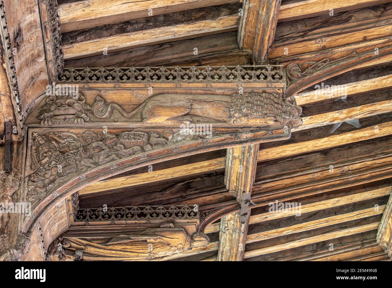 Das !5th Jahrhundert geschnitzte Hammerbeam Dach der Kirche St. Mary aus dem 13th. Jahrhundert in Mildenhall, Suffolk UK Stockfoto