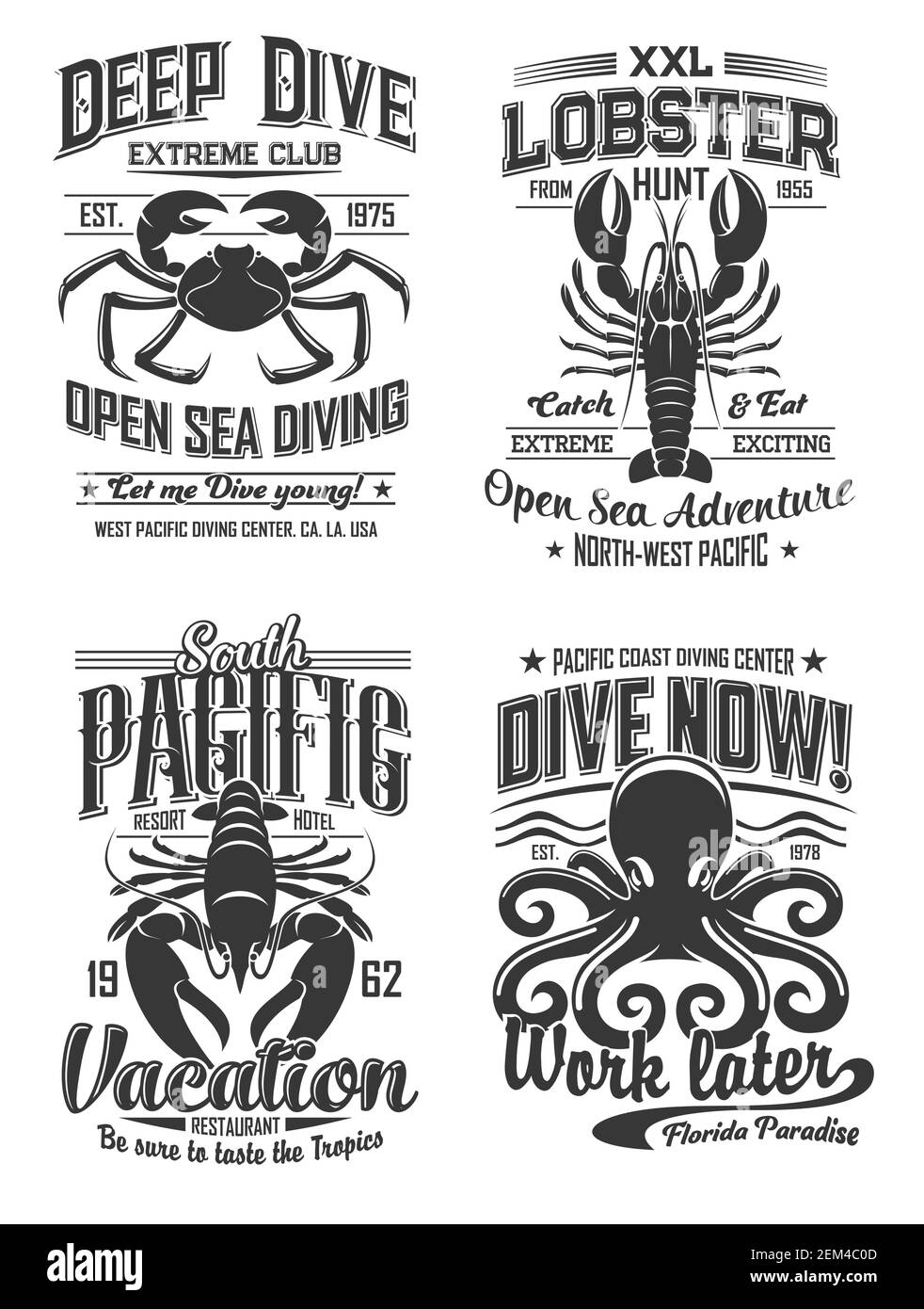 Tauchclub und Fischrestaurant isoliert monochrome Logos mit Krabben, Hummer und Oktopus Meerestiere. Vector tiefen Tauchen und offenen Meer Abenteuer c Stock Vektor