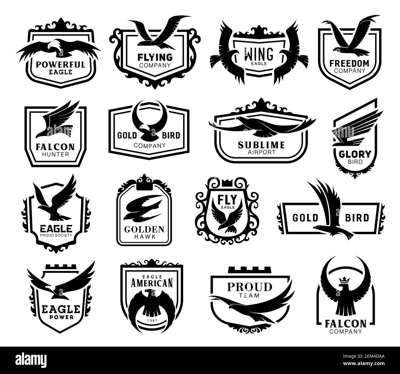Adler, Falken, Drachen und Falken Wappen schwarze Silhouetten Ikonen Set, Vektor wild fliegende Vögel ausgebreitet Flügel für Heraldik, Jagdverein Design, Stock Vektor