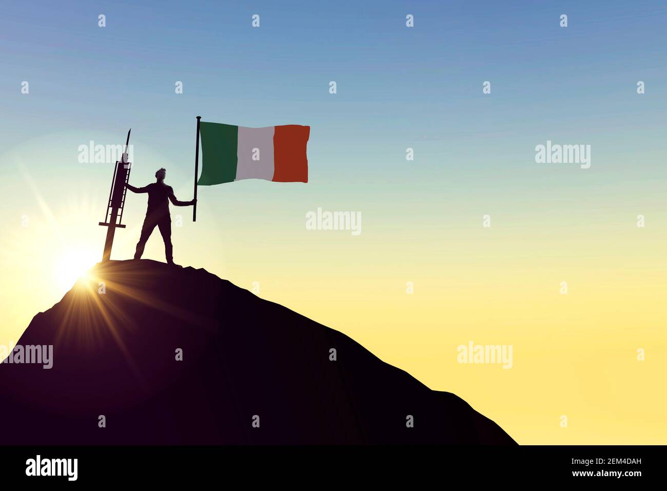 Irland-Impfstoff. Silhouette der Person mit Flagge und Spritze. 3D Rendering Stockfoto