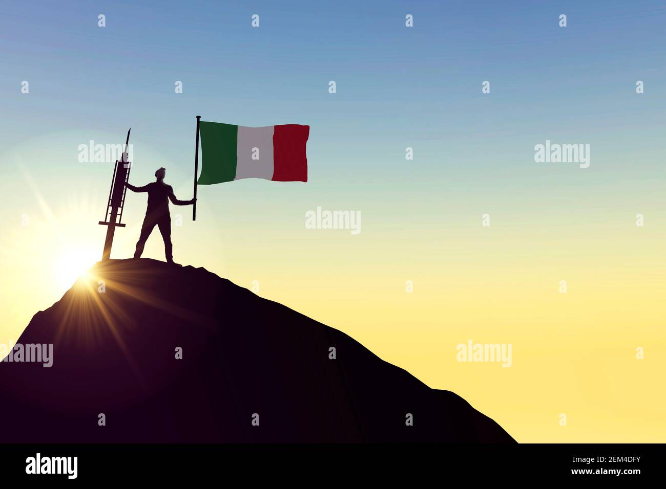 Italien-Impfstoff. Silhouette der Person mit Flagge und Spritze. 3D Rendering Stockfoto