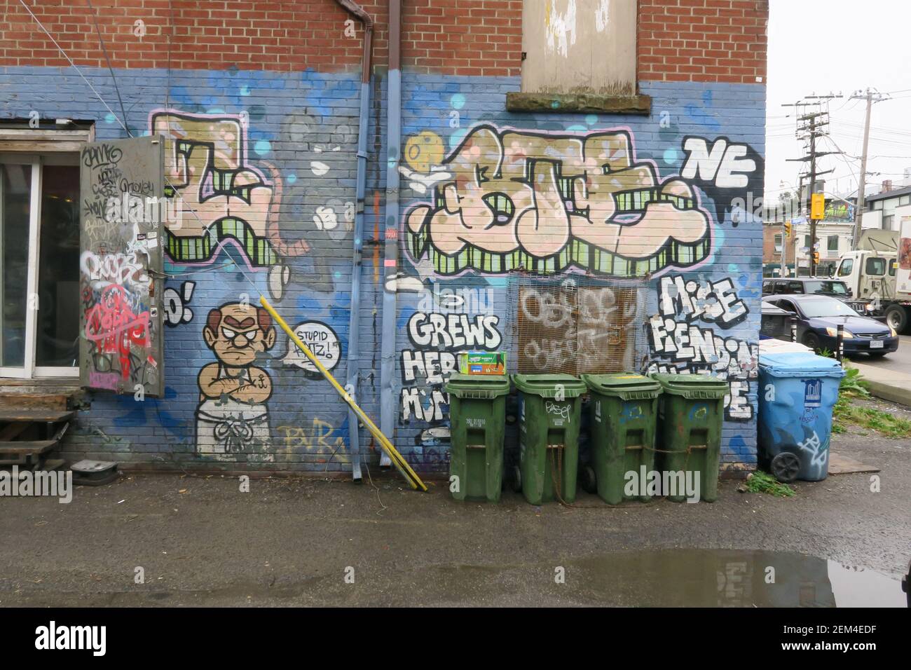 Graffiti Alley, Toronto, Kanada. Die Graffiti Alley befindet sich im Modeviertel von Toronto und verläuft parallel zur trendigen Queen Street West. Es umfasst drei Stadtblocks und umfasst die benachbarte Gasse der Rush Lane. Es ist ein beliebter Ort, um einige der besten Beispiele von Torontos lebendige Street Art und Wandmalereien zu sehen. Stockfoto