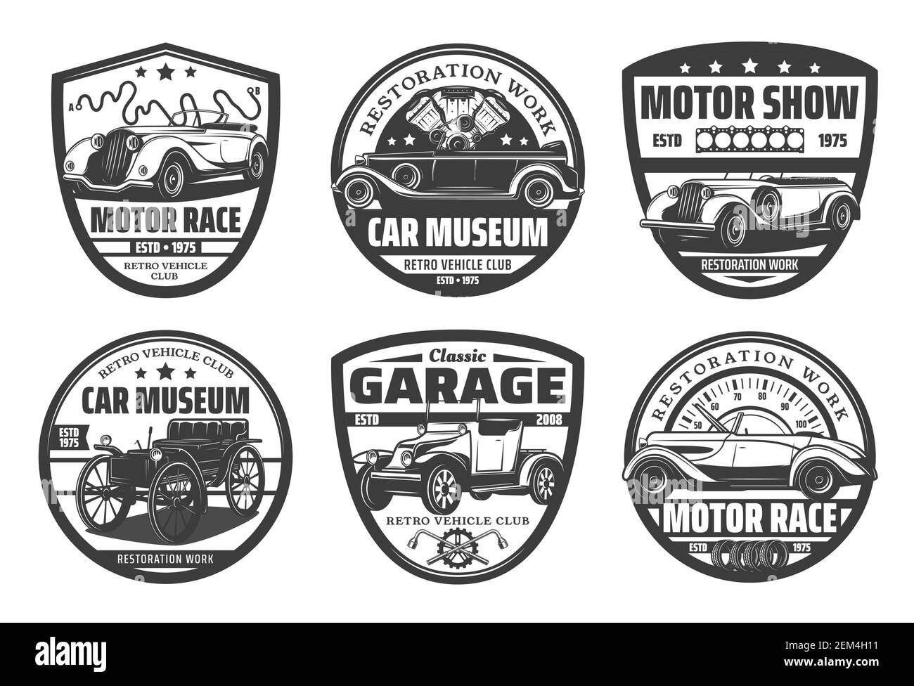 Retro-Autos, Oldtimer isolierte Vektor-Icons gesetzt. Vector Motor ...