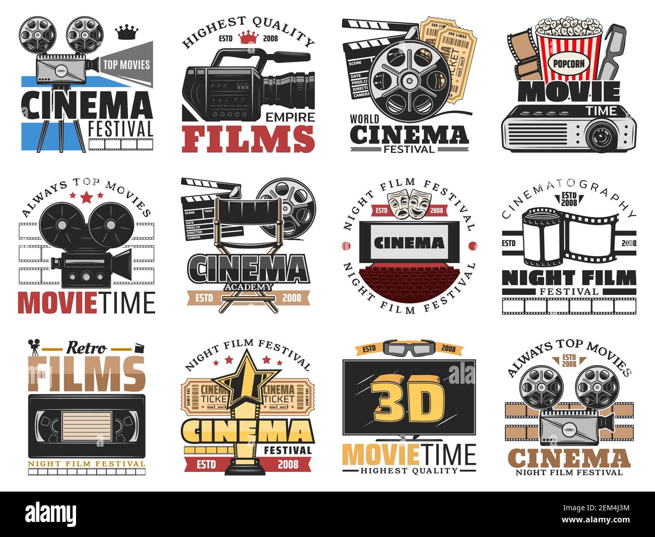 Kino und Kino, Film macht isolierte Symbole Vektor-Set. Retro-Film-Rolle, Popcorn und 3D Gläser, Leinwand, Kamera und Kino Tickets, Regisseur Stock Vektor