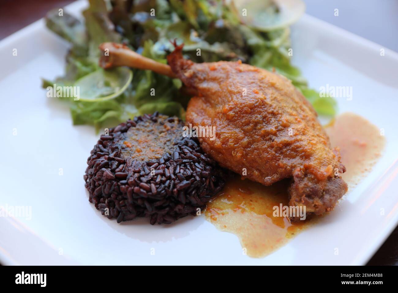 Glasierte Ente mit Reis und Salat, italienisches Essen Stil Stockfoto