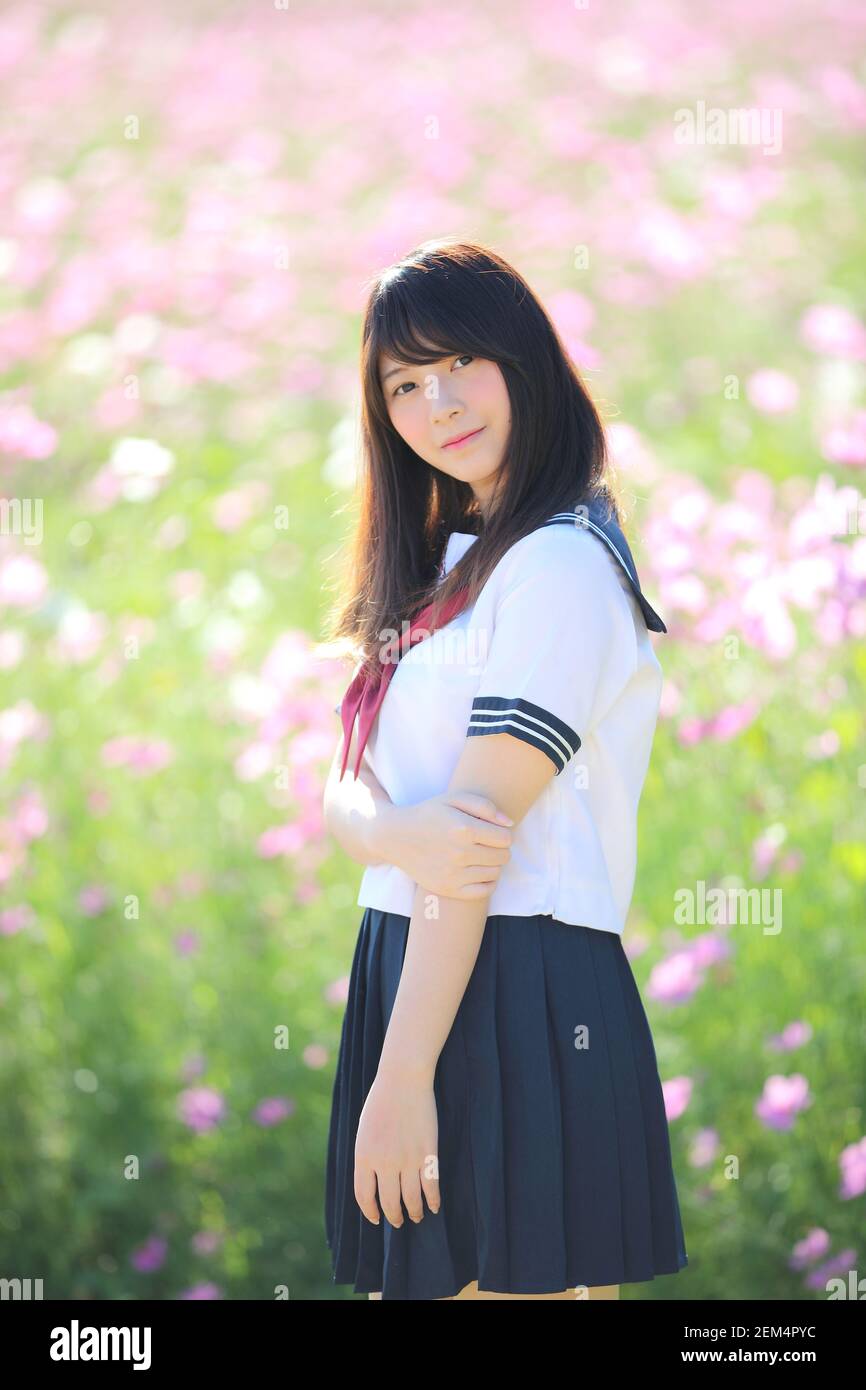 Porträt des japanischen Schulmädchen Uniform Lächeln mit Cosmos Blume Stockfoto