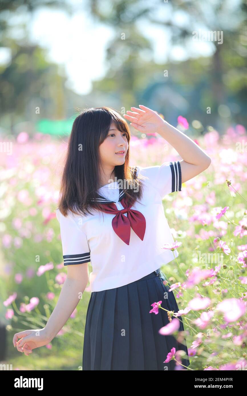 Porträt des japanischen Schulmädchen Uniform Lächeln mit Cosmos Blume Stockfoto