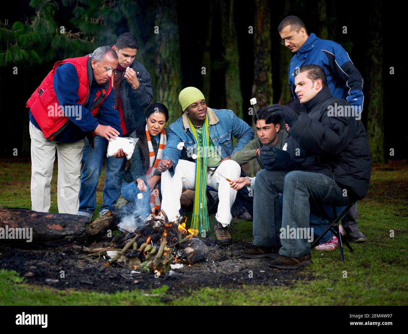 Gruppe von Menschen in der Nähe Lagerfeuer im Wald Stockfoto