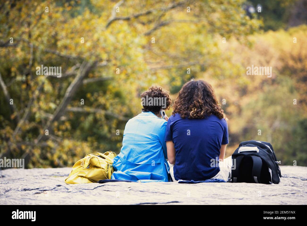 Rückansicht eines Mannes und einer Frau sitzt auf einem Felsen in einem Park, New York City, New York State, USA Stockfoto
