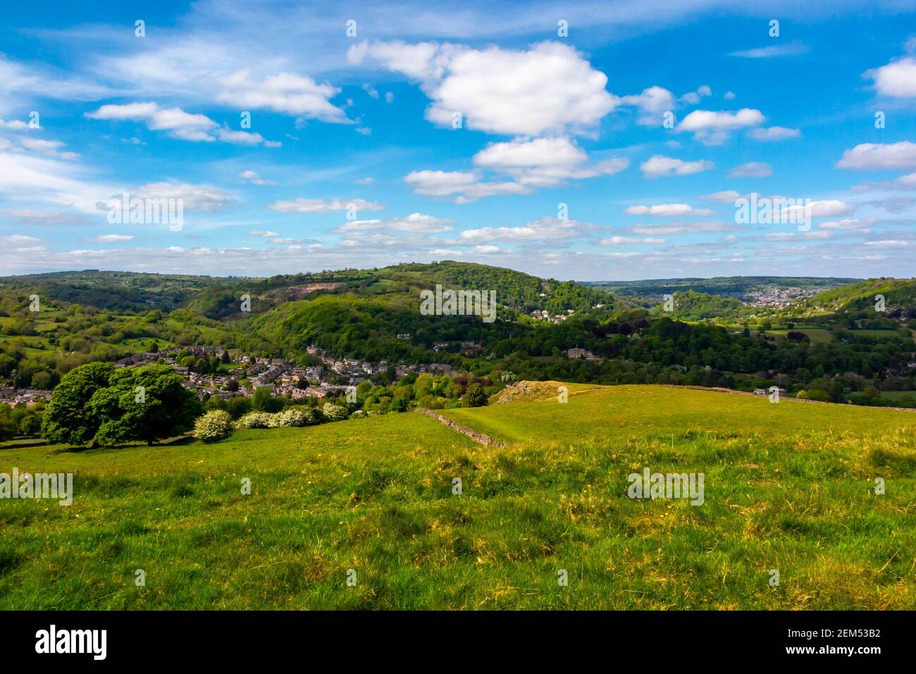Landschaft mit Bäumen und Hügeln im Frühsommer bei Cromford Im Peak District Derbyshire Dales England Stockfoto