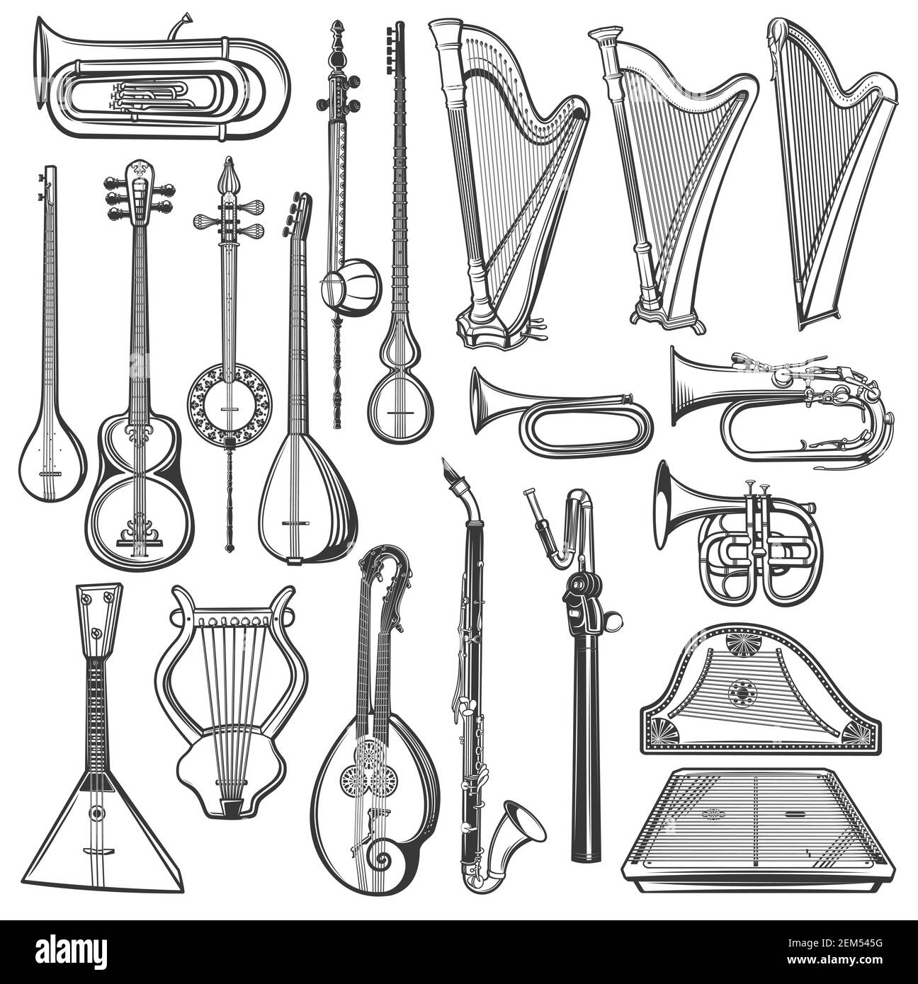 Musikinstrumente, Vektorskizze. Isolierte Harfen, Tuba, Bugle und Klarinette, Trompete, Vintage-Leier, balalaika und Gusli, Kornett und Cymbalo, Teer und Stock Vektor
