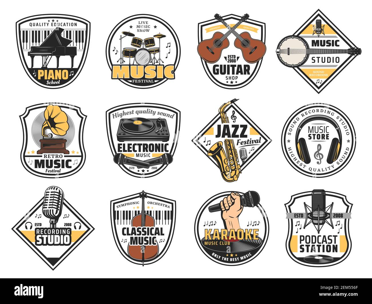 Retro Musik Festival Emblem, Aufnahme Studio Label und Volksmusik Instrumente Shop Icons. Vector Vinyl Schallplatte Grammophon und DJ-Ausrüstung, Jazz festi Stock Vektor