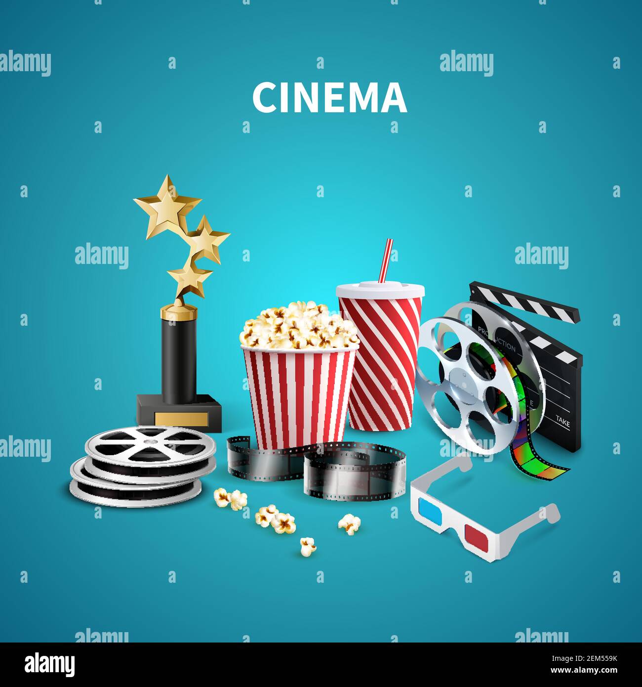 Blauer Kinohintergrund mit Trophäe Klappbrett Popcorn 3D Gläser Film Streifen und Rollen realistische Vektor-Illustration Stock Vektor
