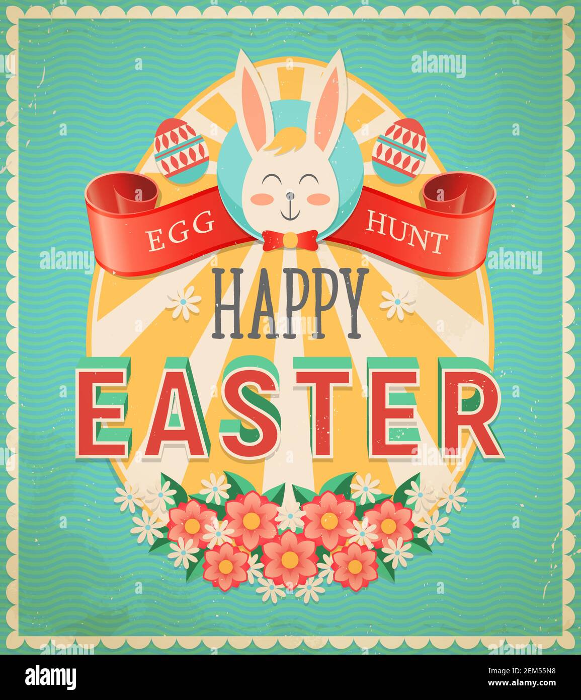 Frohe Ostern Eiersuche vintage Grußkarte. Vektor-Poster mit Kaninchen, verzierte Eier, Blumen und rot gewelltes Band mit Typografie. osterchristia Stock Vektor