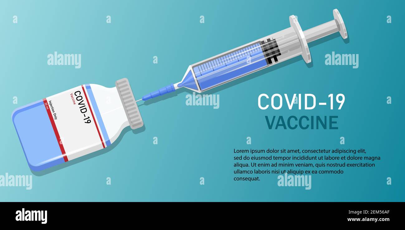 Vektorhintergrund für Coronavirus-Impfstoff. Covid-19 Corona-Virus-Impfung mit Impfstoffflasche und Kunststoffspritze mit Nadel. Behandlung für coron Stock Vektor