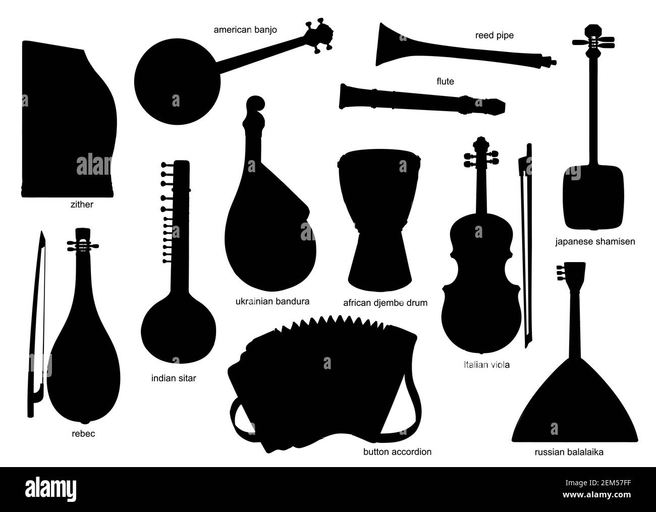 Schwarze Silhouetten von Musikinstrumenten. Isolierte Vektor-Zither, american, Banjo und Reed Pipe, Flöte, Shamisen und rebec. Sitar, Bandura und jembe d Stock Vektor
