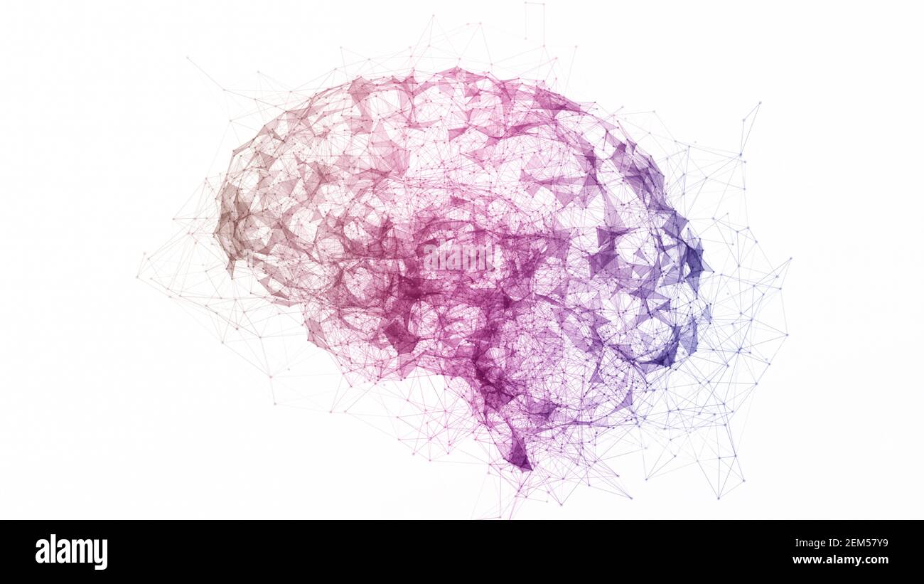 Digitale Daten und Netzwerkanschluss von mehrfarbigen menschlichen Gehirn auf weißem Hintergrund isoliert. Künstliche Intelligenz konzeptuelles Bild Stockfoto