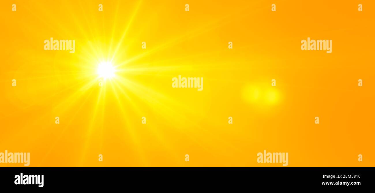 Sonniger Sommerhintergrund, orangefarbene Sonne mit Streulicht. Abbildung Hitzwelle 3D Stockfoto
