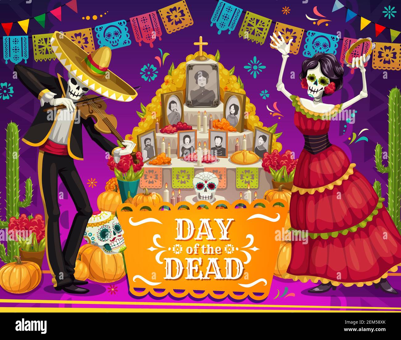 Day of the Dead Mexican Urlaub tanzen Skelette in der Nähe Altar Vektor Grußkarte. Mariachi Skelett und Catrina mit Sombrero, Zuckerschädel und Marig Stock Vektor